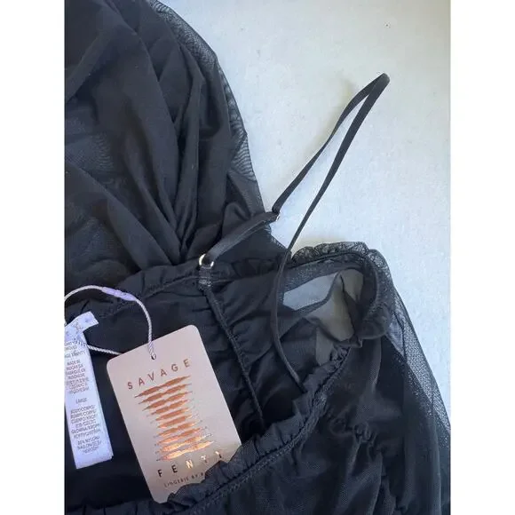 Savage X Fenty Rihanna Sz L Mesh Dress Black Tank Sleeveless Ruched Night Gown - Picture 5 of 7